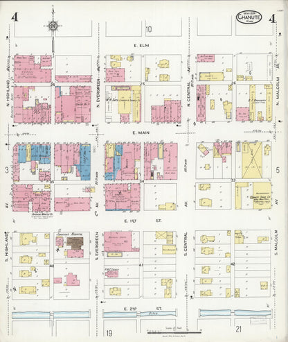 Sanborn Fire Insurance Map from Chanute, Neosho County, Kansas (1924), Sheet #0004 - Complete Map Set gallery image, historic Sanborn map, vintage wall art, Kansas Kansas