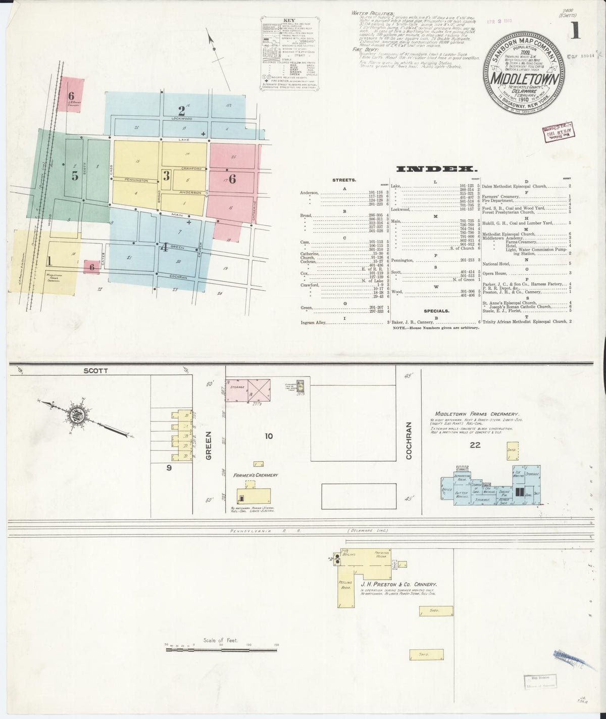 Sanborn Fire Insurance Map from Middletown, New Castle County, Delaware (1910), Sheet #0001 - Historic Sanborn Fire Insurance Map Print, vintage old map wall art, antique decor, genealogy gift, Delaware Delaware map