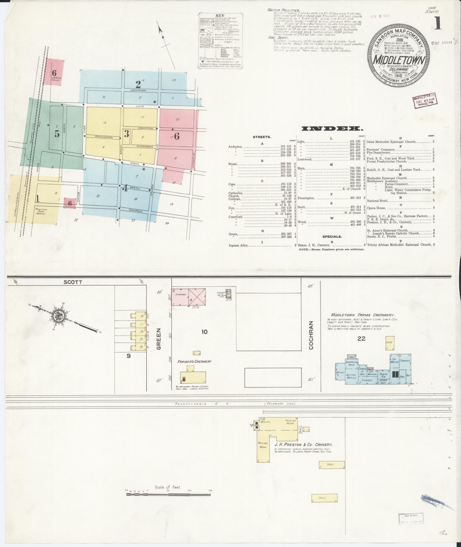 Sanborn Fire Insurance Map from Middletown, New Castle County, Delaware (1910), Sheet #0001 - Historic Sanborn Fire Insurance Map Print, vintage old map wall art, antique decor, genealogy gift, Delaware Delaware map