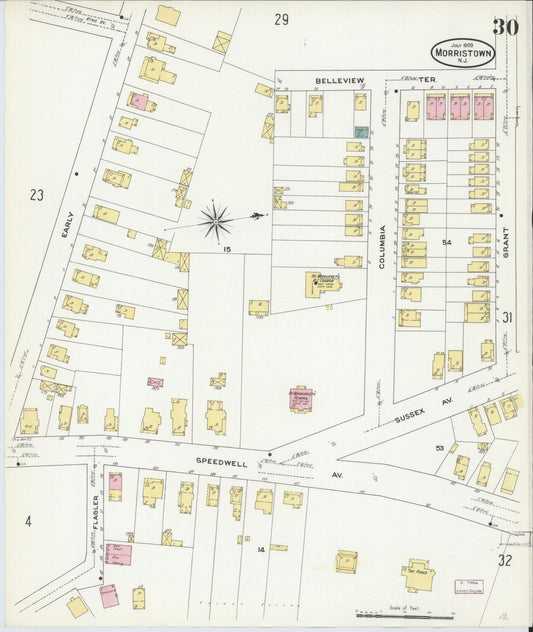 Sanborn Fire Insurance Map from Morristown, Morris County, New Jersey (1909), Sheet #0030 - Historic Sanborn Fire Insurance Map Print, vintage old map wall art, antique decor, genealogy gift, New Jersey New Jersey map