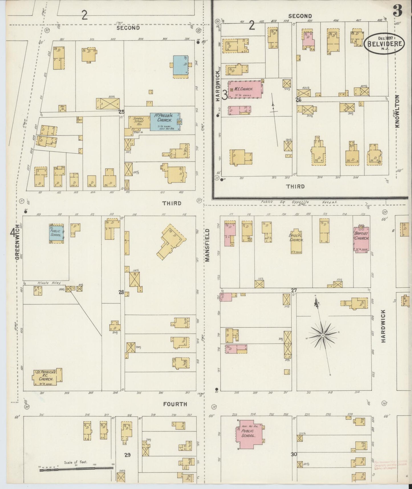 Sanborn Fire Insurance Map from Belvidere, Warren County, New Jersey (1897), Sheet #0003 - Complete Map Set gallery image, historic Sanborn map, vintage wall art, New Jersey New Jersey