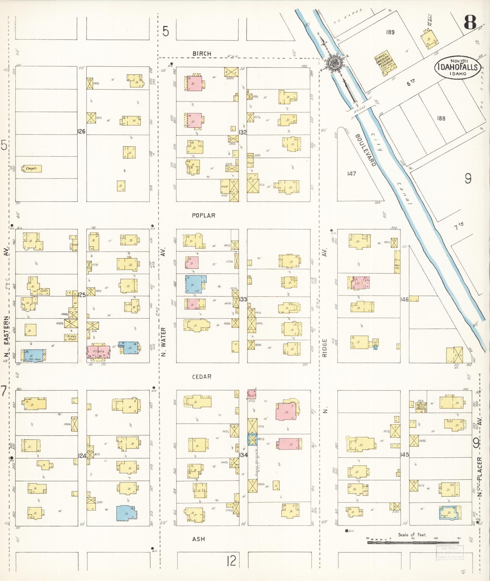 Sanborn Fire Insurance Map from Idaho Falls, Bonneville County, Idaho (1911), Sheet #0008 - Historic Sanborn Fire Insurance Map Print, vintage old map wall art, antique decor, genealogy gift, Idaho Idaho map