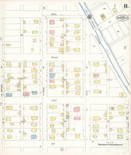 Sanborn Fire Insurance Map from Idaho Falls, Bonneville County, Idaho (1911), Sheet #0008 - Historic Sanborn Fire Insurance Map Print, vintage old map wall art, antique decor, genealogy gift, Idaho Idaho map