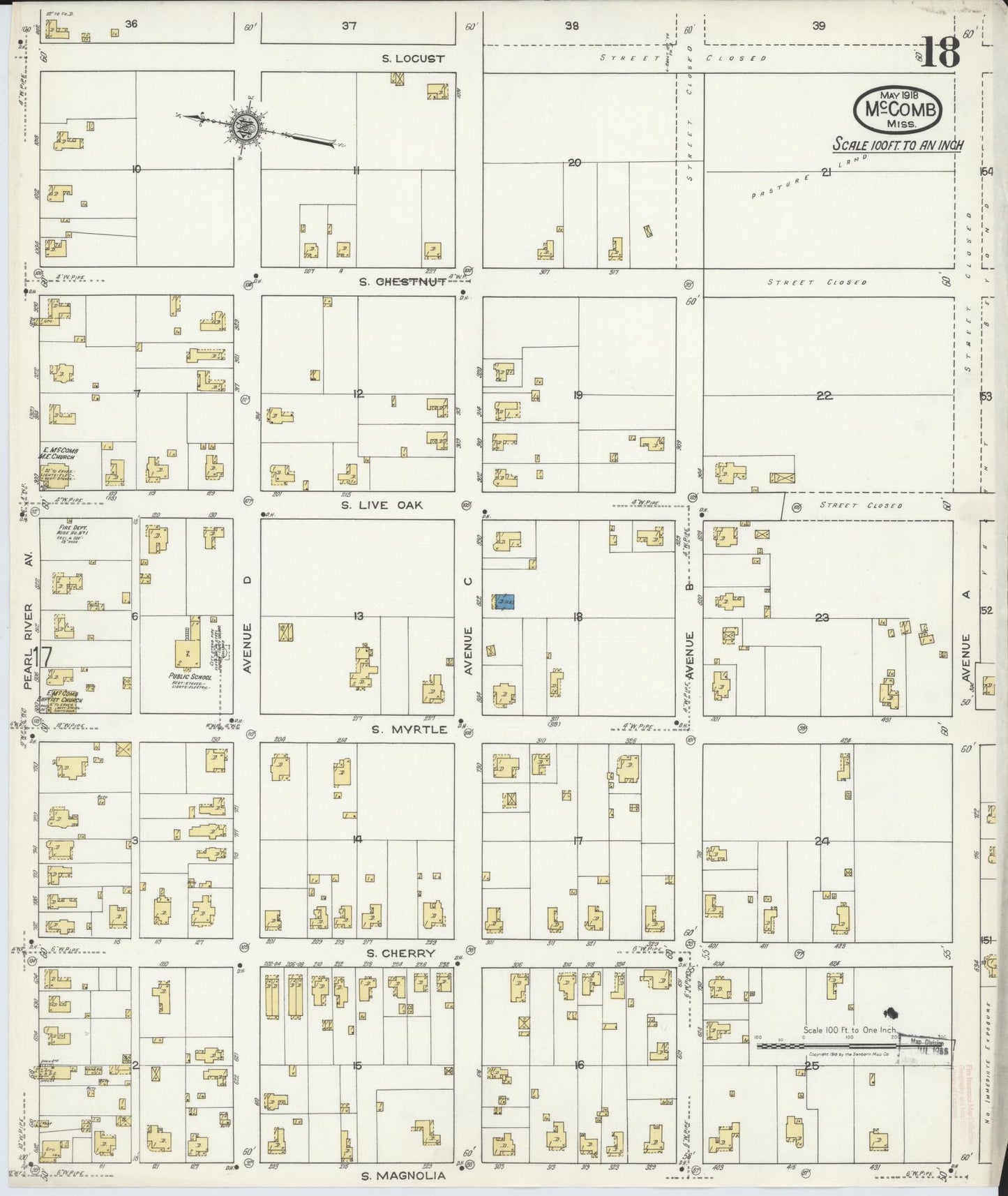 Sanborn Fire Insurance Map from McComb, Pike County, Mississippi (1918), Sheet #0018 - Historic Sanborn Fire Insurance Map Print, vintage old map wall art, antique decor, genealogy gift, Mississippi Mississippi map