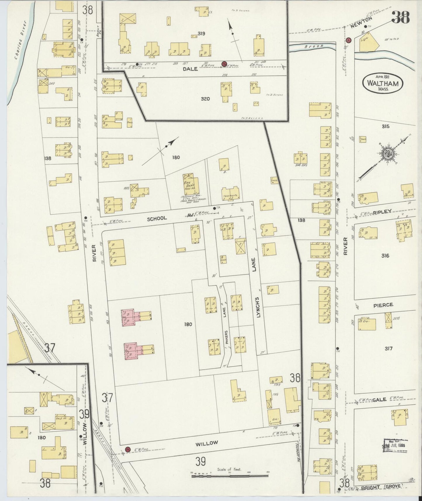 Sanborn Fire Insurance Map from Waltham, Middlesex County, Massachusetts (1911), Sheet #0038 - Complete Map Set gallery image, historic Sanborn map, vintage wall art, Massachusetts Massachusetts