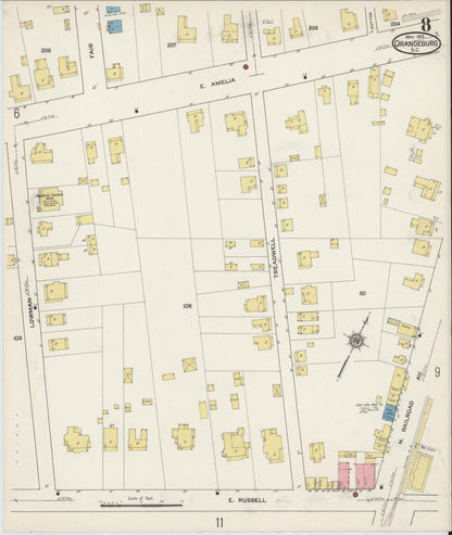 Sanborn Fire Insurance Map from Orangeburg, Orangeburg County, South Carolina (1915), Sheet #0008 - Complete Map Set gallery image, historic Sanborn map, vintage wall art, South Carolina South Carolina