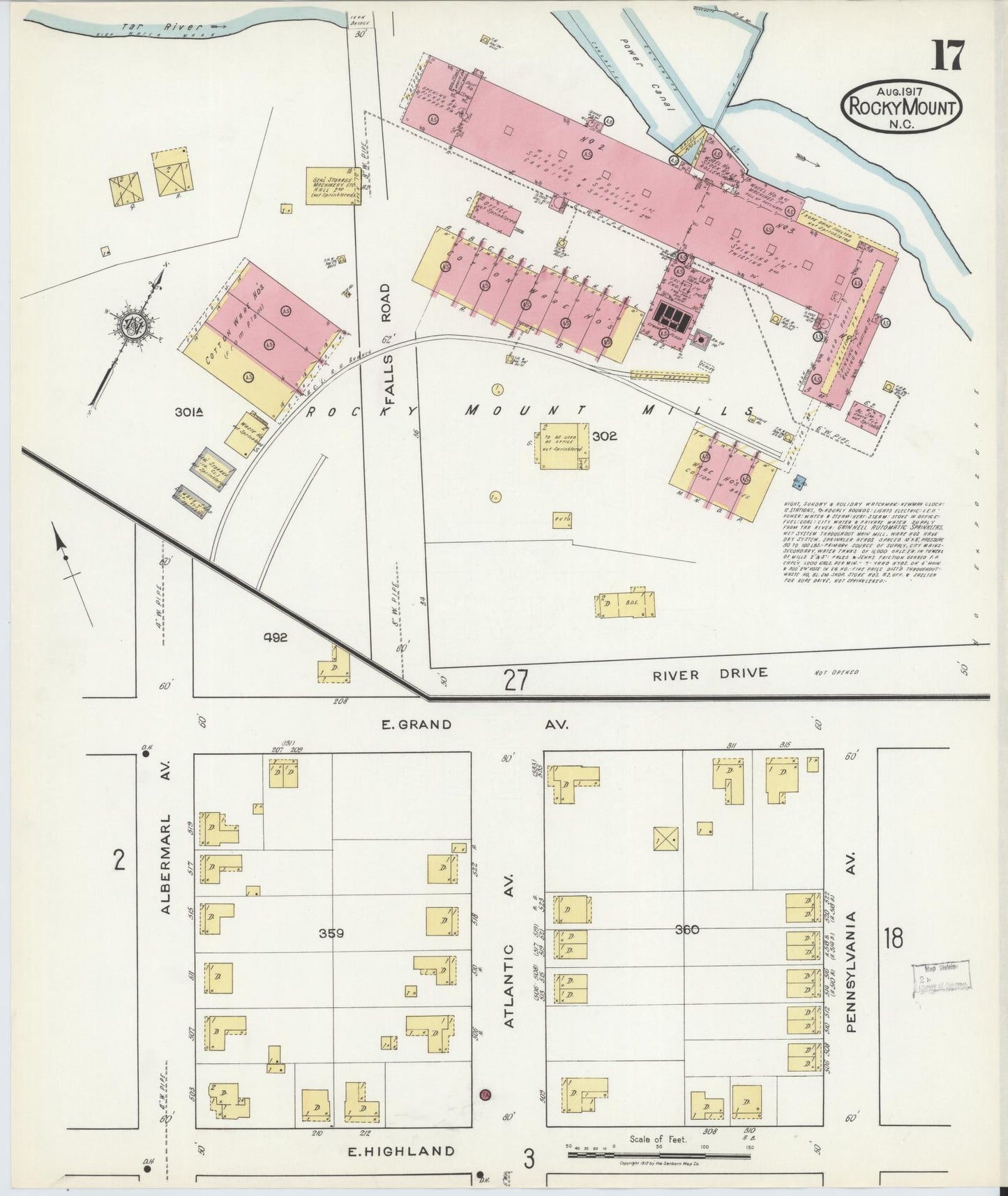 Sanborn Fire Insurance Map from Rocky Mount, Edgecombe And Nash Counties, North Carolina (1917), Sheet #0017 - Complete Map Set gallery image, historic Sanborn map, vintage wall art, North Carolina North Carolina