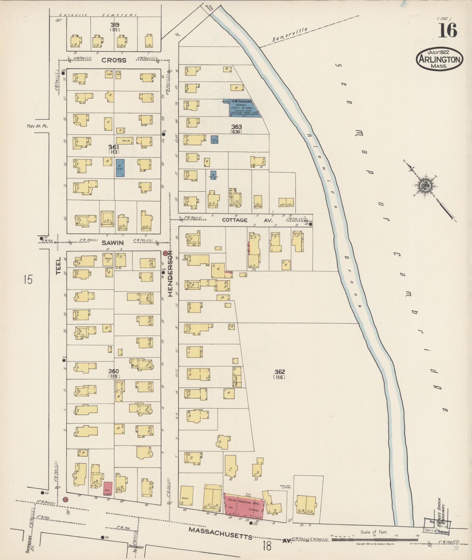 Sanborn Fire Insurance Map from Arlington, Middlesex County, Massachusetts (1922), Sheet #0016 - Historic Sanborn Fire Insurance Map Print, vintage old map wall art, antique decor, genealogy gift, Massachusetts Massachusetts map
