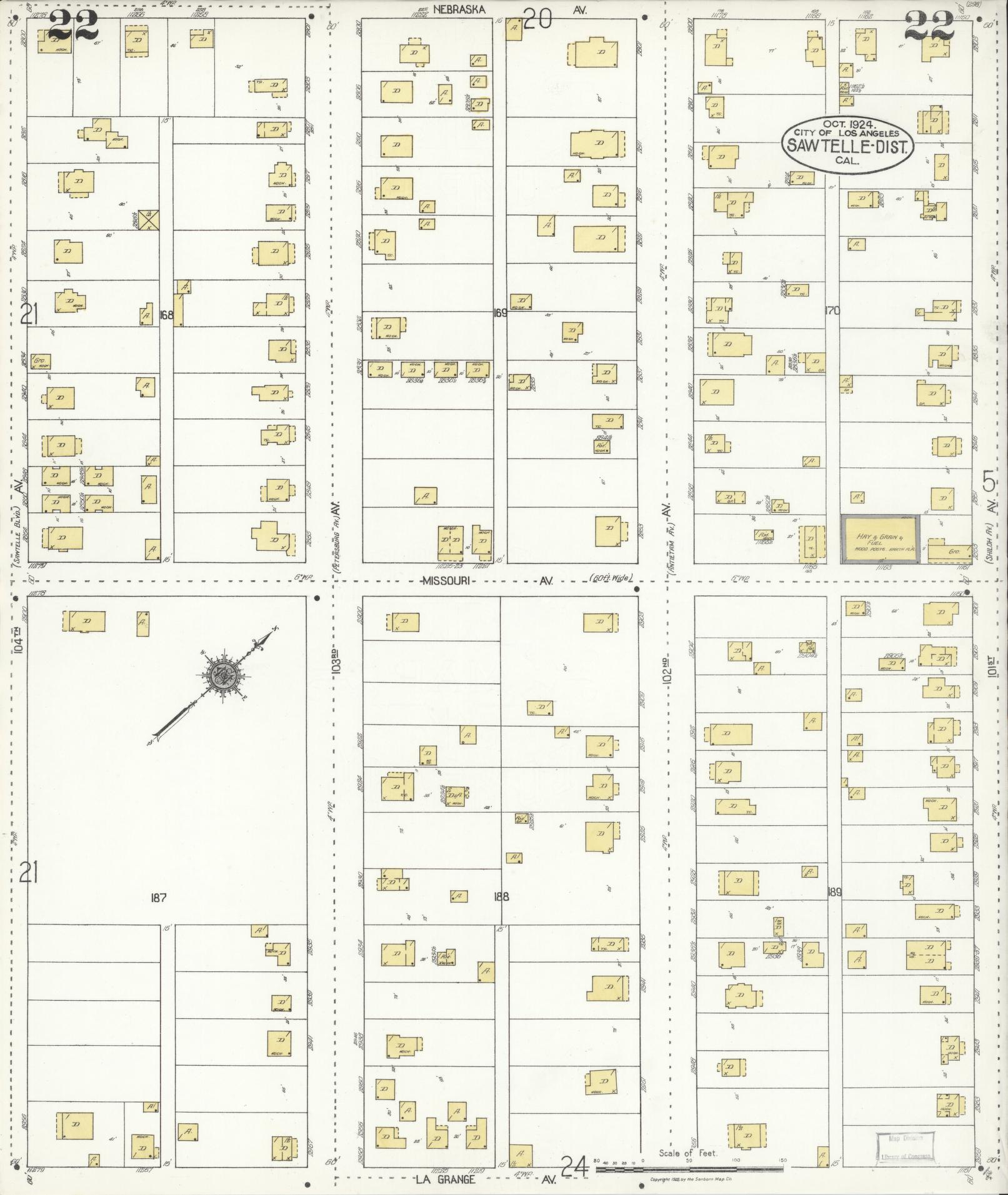 Sanborn Fire Insurance Map from Sawtelle, Los Angeles County, California (1924), Sheet #0022 - Complete Map Set gallery image, historic Sanborn map, vintage wall art, California California
