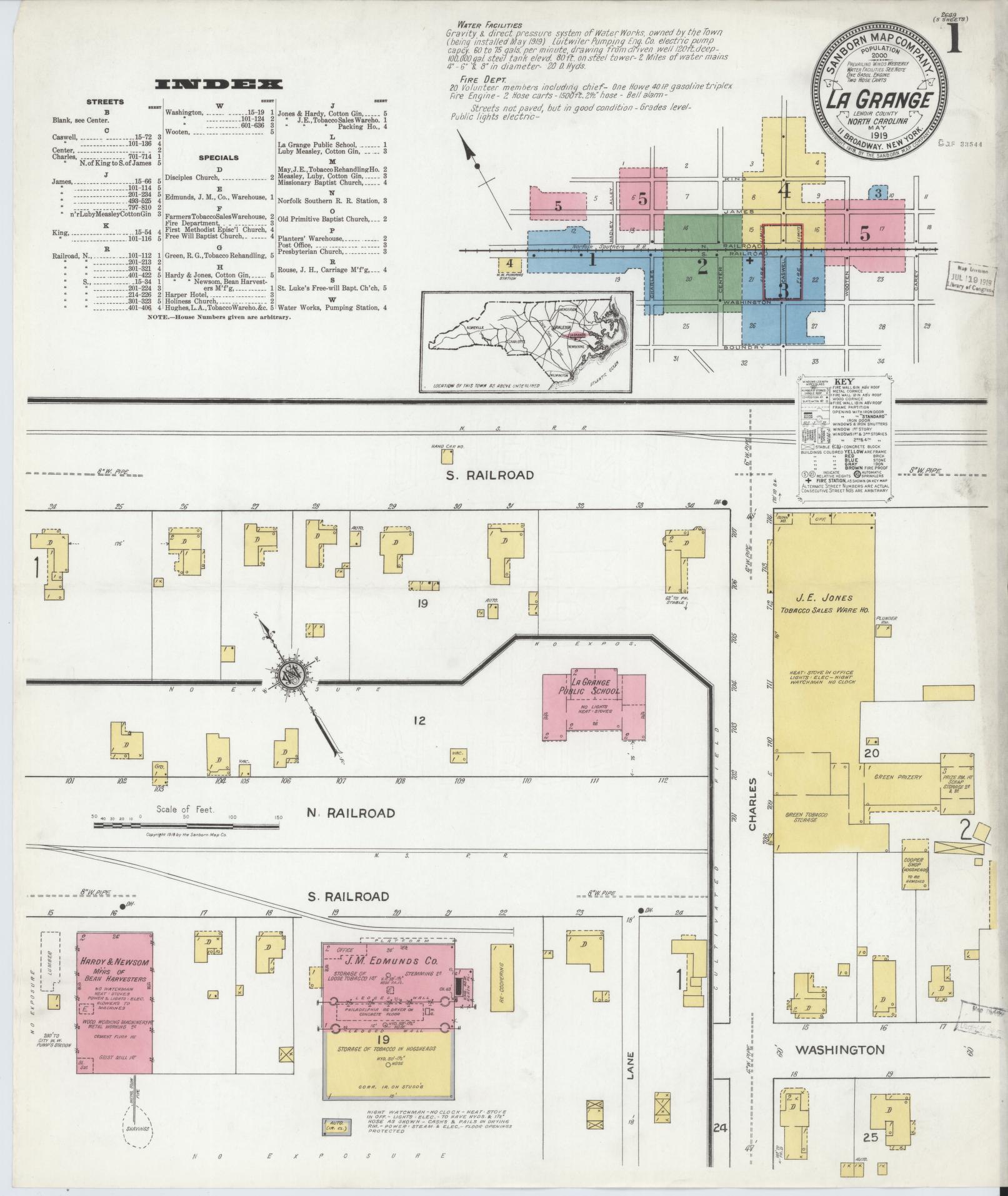 Sanborn Fire Insurance Map from La Grange, Lenoir County, North Carolina (1919), Sheet #0001 - Complete Map Set gallery image, historic Sanborn map, vintage wall art, North Carolina North Carolina