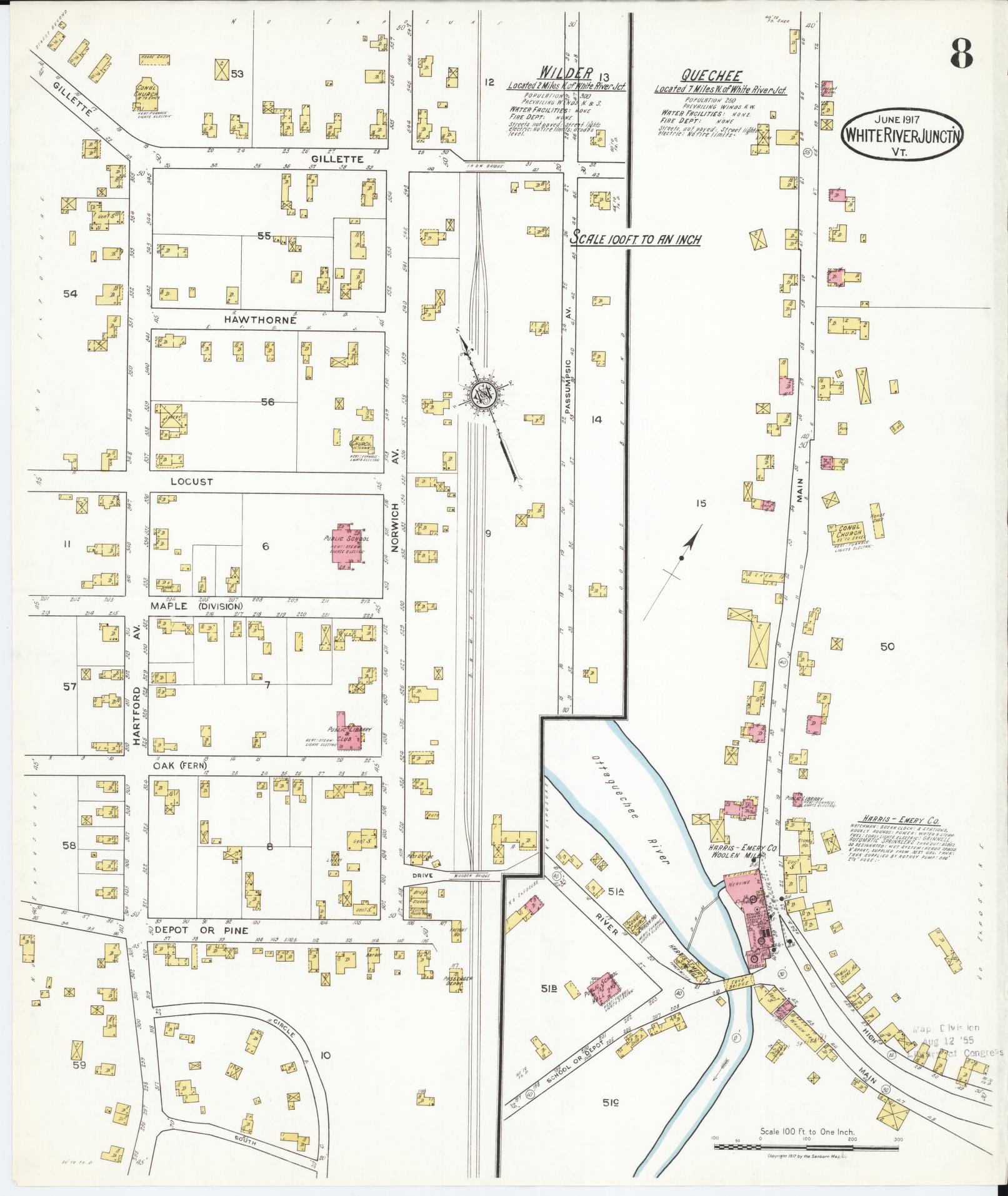 Sanborn Fire Insurance Map from White River Junction, Windsor County, Vermont (1917), Sheet #0008 - Complete Map Set gallery image, historic Sanborn map, vintage wall art, Vermont Vermont