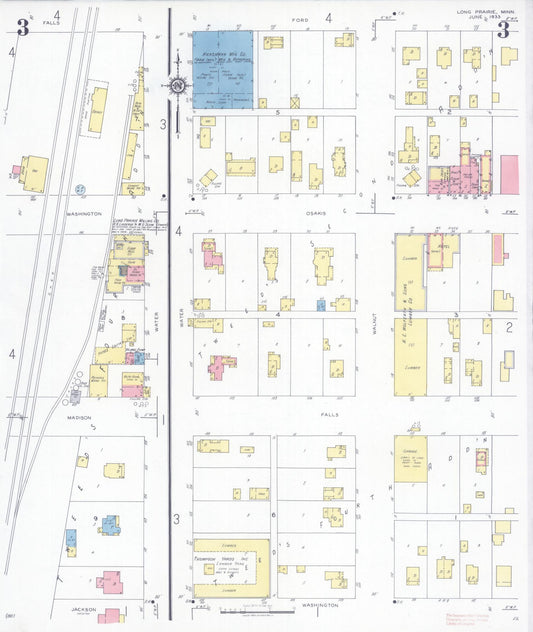 Sanborn Fire Insurance Map from Long Prairie, Todd County, Minnesota (1933), Sheet #0003 - Historic Sanborn Fire Insurance Map Print, vintage old map wall art, antique decor, genealogy gift, Minnesota Minnesota map
