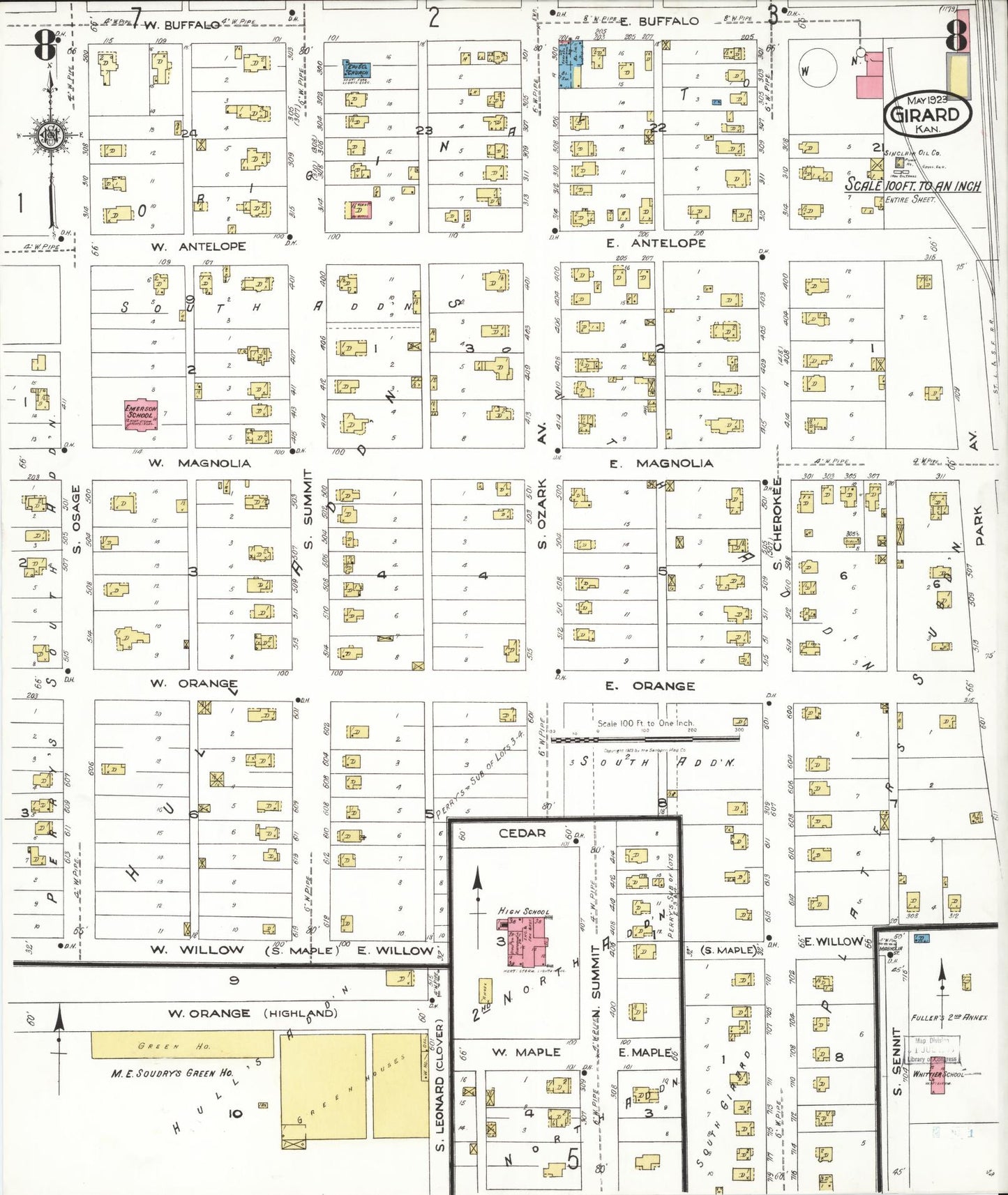 Sanborn Fire Insurance Map from Girard, Crawford County, Kansas (1923), Sheet #0008 - Complete Map Set gallery image, historic Sanborn map, vintage wall art, Kansas Kansas