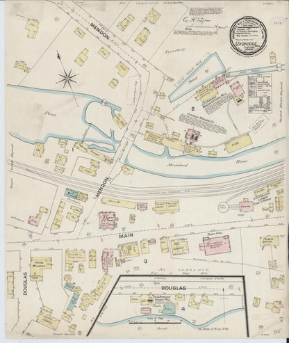 Sanborn Fire Insurance Map from Uxbridge, Worcester County, Massachusetts (1888), Sheet #0001 - Historic Sanborn Fire Insurance Map Print, vintage old map wall art, antique decor, genealogy gift, Massachusetts Massachusetts map