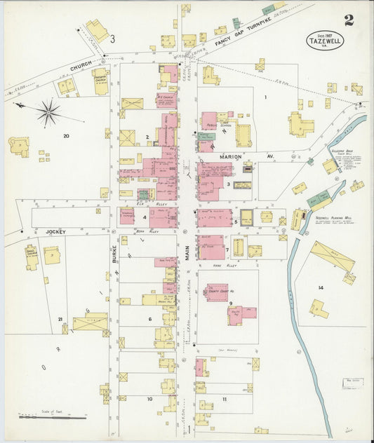 Sanborn Fire Insurance Map from Tazewell, Tazewell County, Virginia (1907), Sheet #0002 - Historic Sanborn Fire Insurance Map Print, vintage old map wall art, antique decor, genealogy gift, Virginia Virginia map
