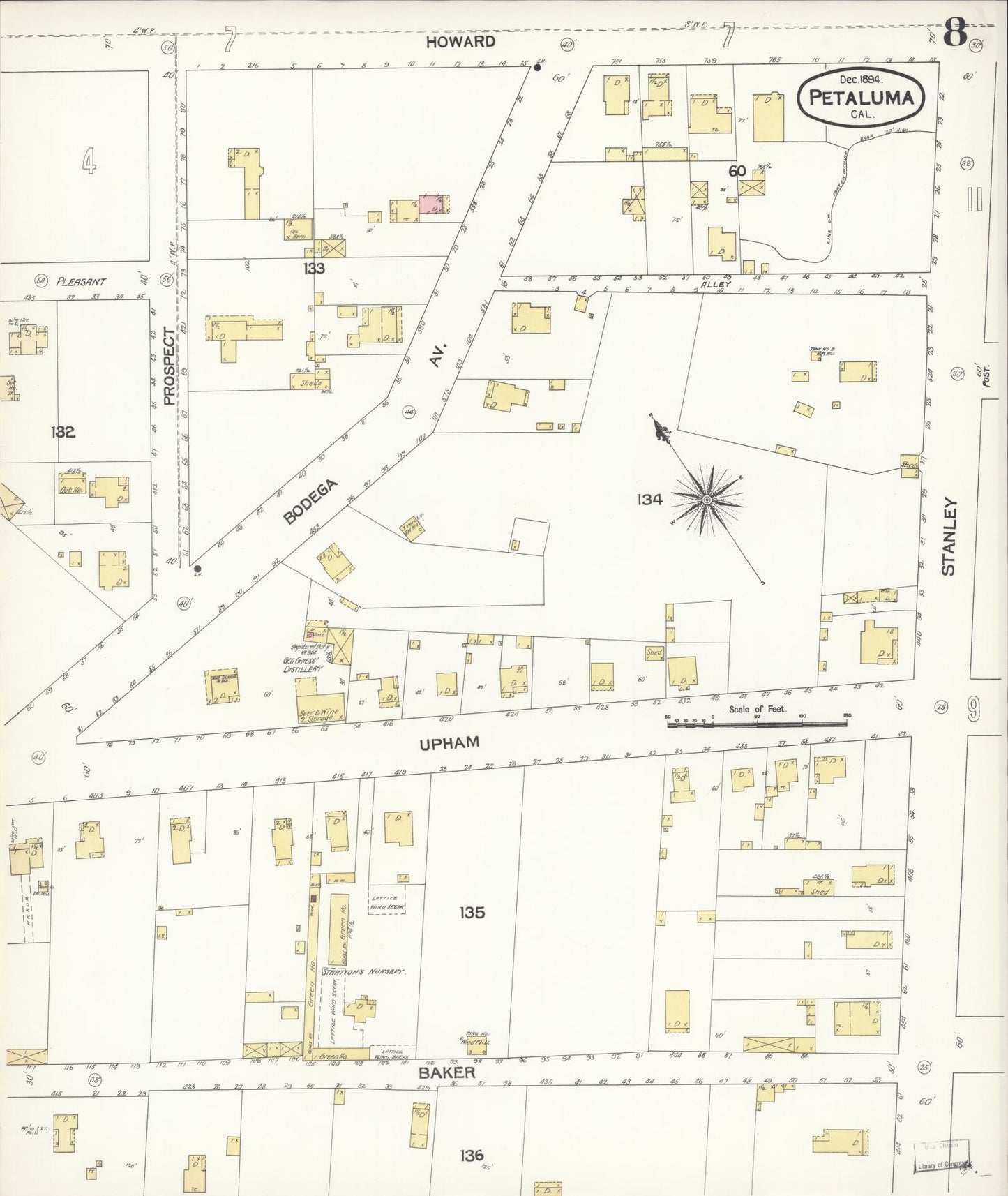 Sanborn Fire Insurance Map from Petaluma, Sonoma County, California (1894), Sheet #0008 - Complete Map Set gallery image, historic Sanborn map, vintage wall art, California California