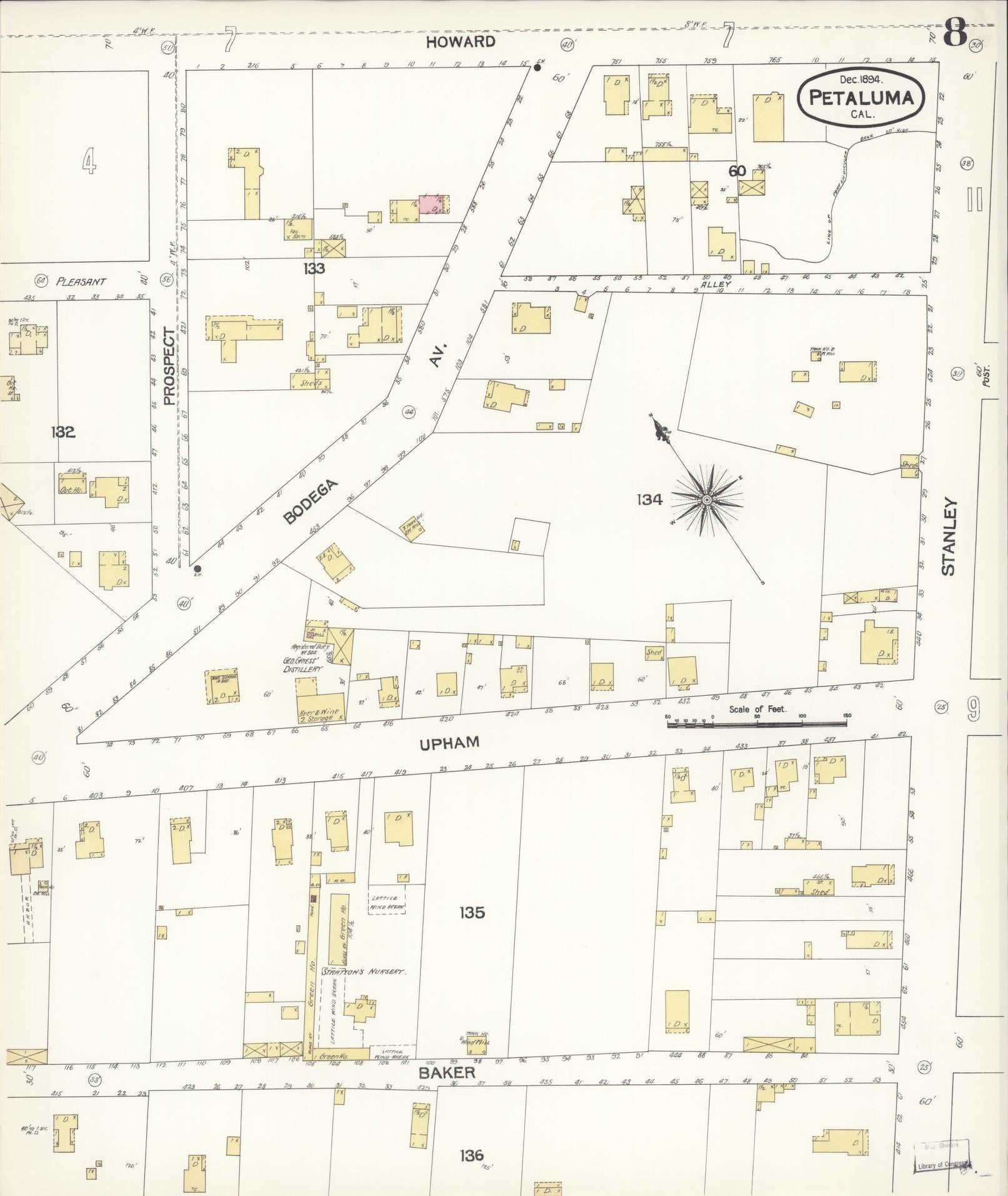 Sanborn Fire Insurance Map from Petaluma, Sonoma County, California (1894), Sheet #0008 - Complete Map Set gallery image, historic Sanborn map, vintage wall art, California California