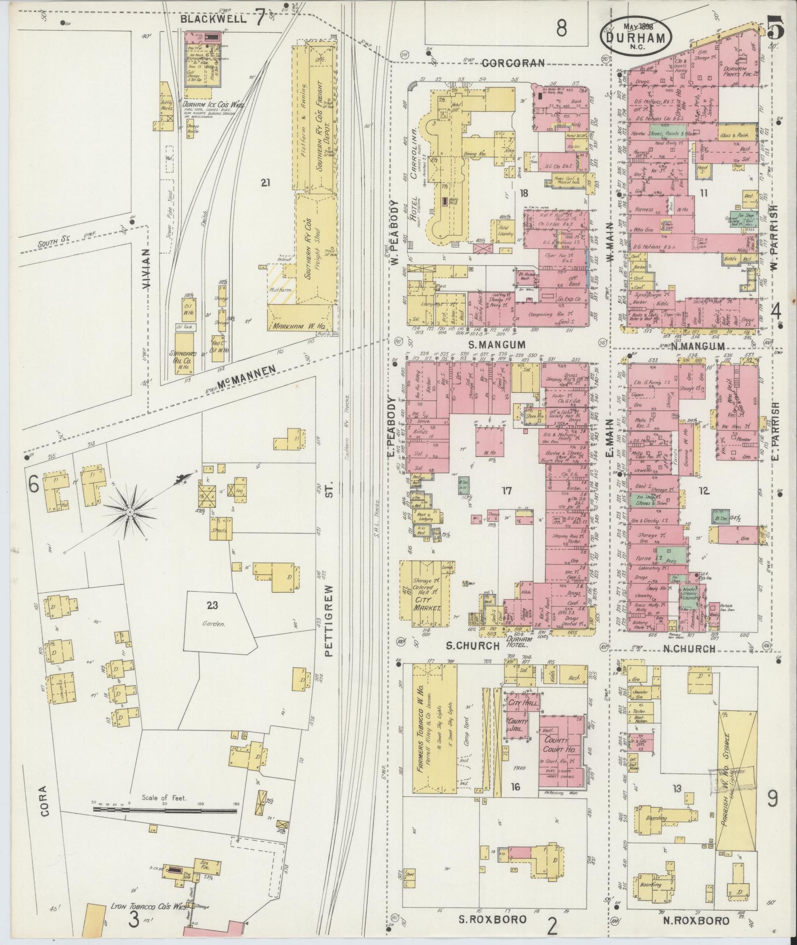 Sanborn Fire Insurance Map from Durham, Durham County, North Carolina (1898), Sheet #0005 - Complete Map Set gallery image, historic Sanborn map, vintage wall art, North Carolina North Carolina