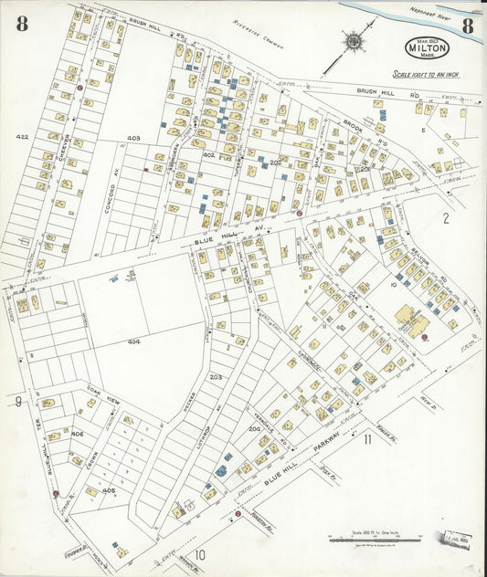 Sanborn Fire Insurance Map from Milton, Norfolk County, Massachusetts (1923), Sheet #0008 - Historic Sanborn Fire Insurance Map Print, vintage old map wall art, antique decor, genealogy gift, Massachusetts Massachusetts map