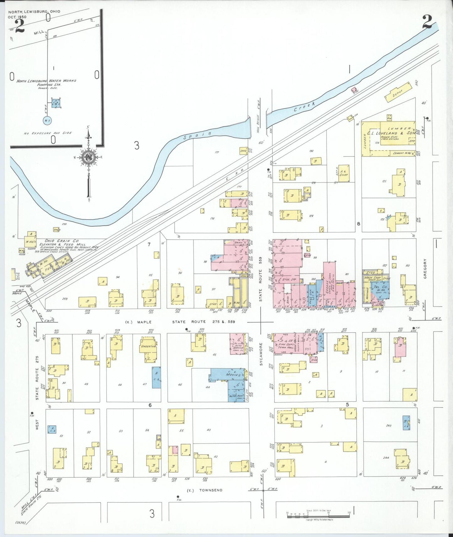 Sanborn Fire Insurance Map from North Lewisburg, Champaign County, Ohio (1950), Sheet #0002 - Historic Sanborn Fire Insurance Map Print, vintage old map wall art, antique decor, genealogy gift, Ohio Ohio map
