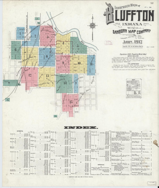 Sanborn Fire Insurance Map from Bluffton, Wells County, Indiana (1912), Sheet #0001 - Historic Sanborn Fire Insurance Map Print, vintage old map wall art, antique decor, genealogy gift, Indiana Indiana map