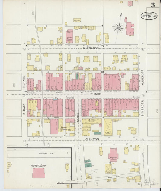 Sanborn Fire Insurance Map from Greenville, Mercer County, Pennsylvania (1893), Sheet #0003 - Historic Sanborn Fire Insurance Map Print, vintage old map wall art, antique decor, genealogy gift, Pennsylvania Pennsylvania map
