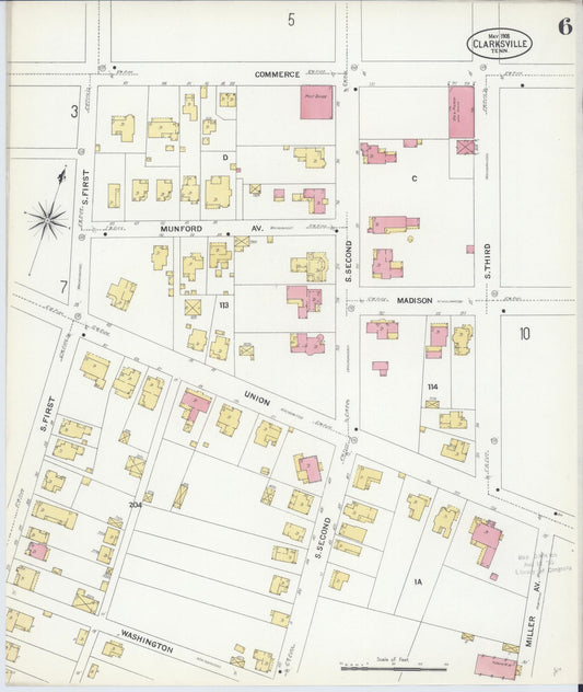 Sanborn Fire Insurance Map from Clarksville, Montgomery County, Tennessee (1908), Sheet #0006 - Historic Sanborn Fire Insurance Map Print, vintage old map wall art, antique decor, genealogy gift, Tennessee Tennessee map