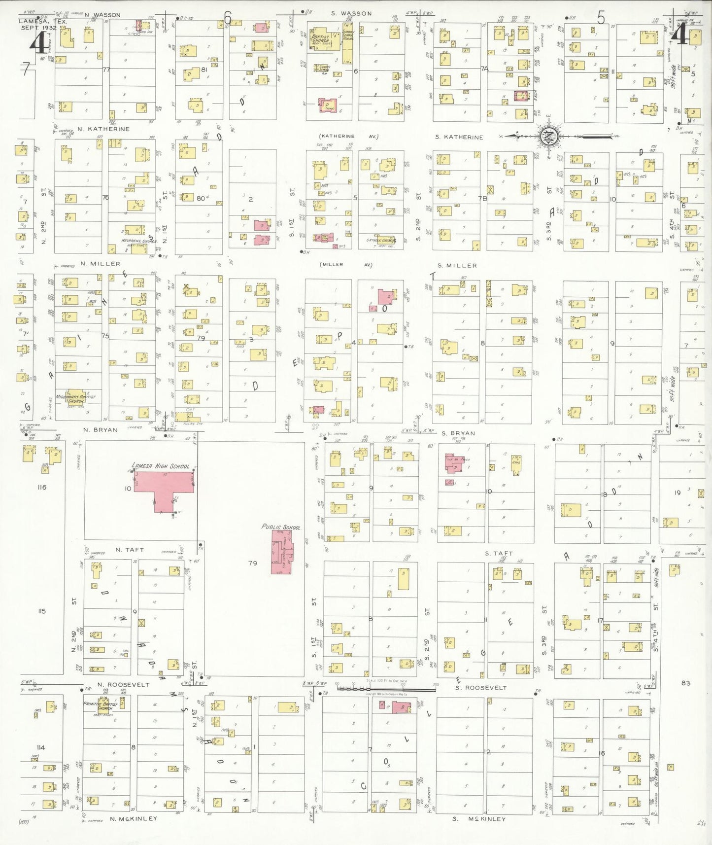 Sanborn Fire Insurance Map from Lamesa, Dawson County, Texas (1932), Sheet #0004 - Historic Sanborn Fire Insurance Map Print, vintage old map wall art, antique decor, genealogy gift, Texas Texas map