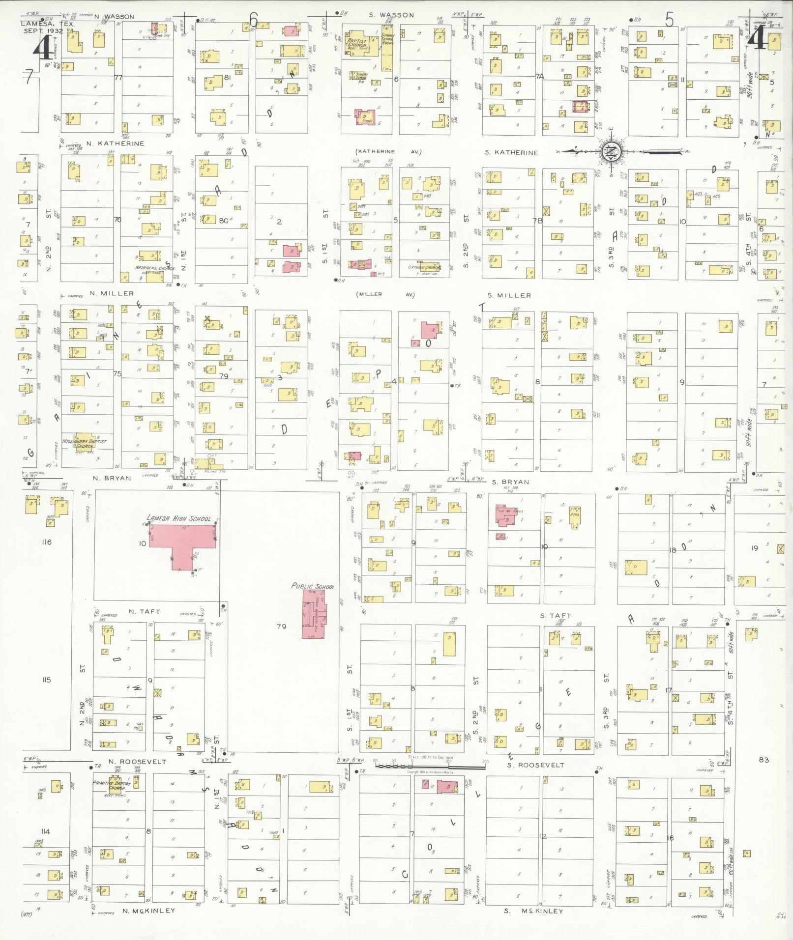 Sanborn Fire Insurance Map from Lamesa, Dawson County, Texas (1932), Sheet #0004 - Historic Sanborn Fire Insurance Map Print, vintage old map wall art, antique decor, genealogy gift, Texas Texas map