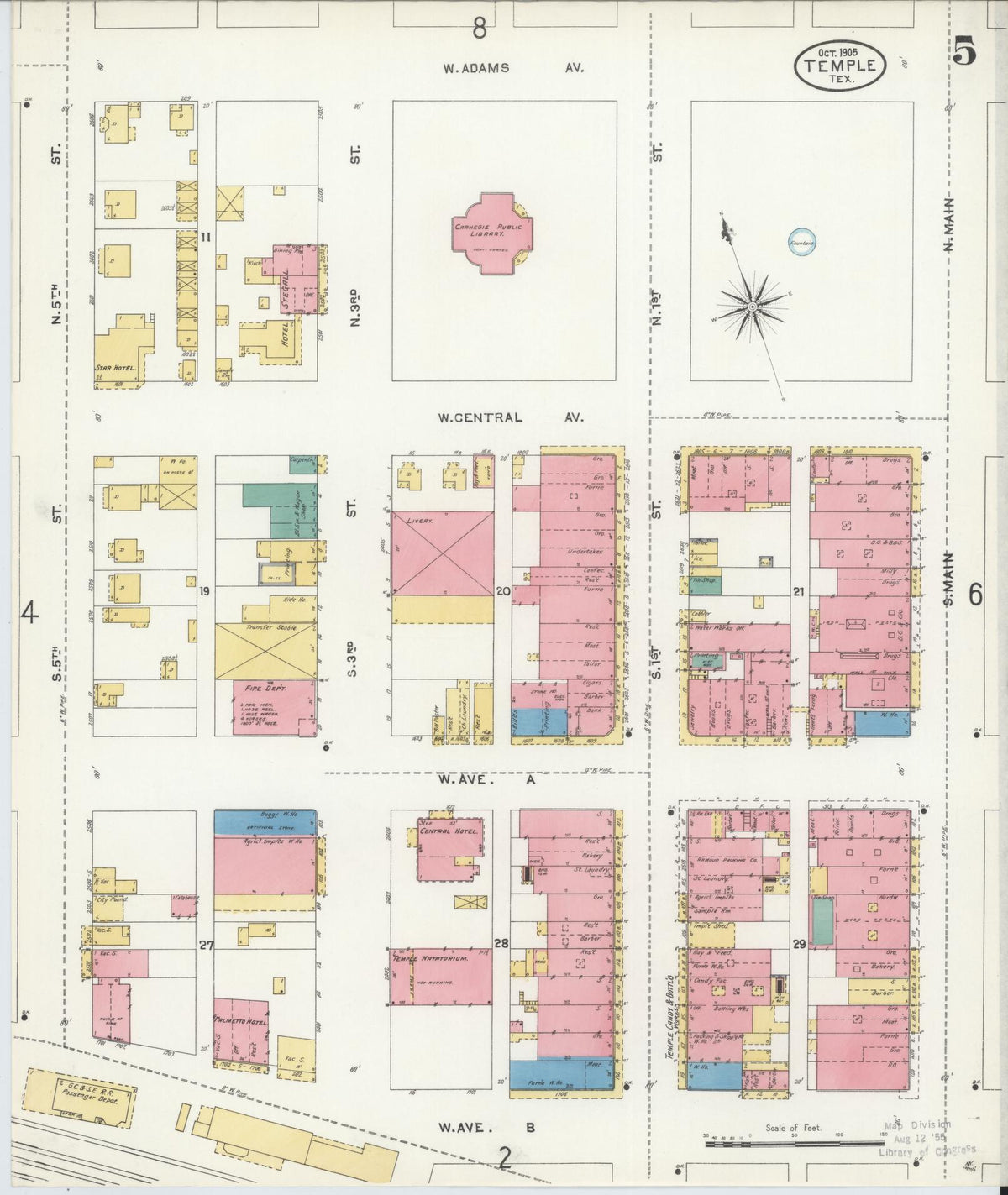 Sanborn Fire Insurance Map from Temple, Bell County, Texas (1905), Sheet #0005 - Historic Sanborn Fire Insurance Map Print, vintage old map wall art, antique decor, genealogy gift, Texas Texas map