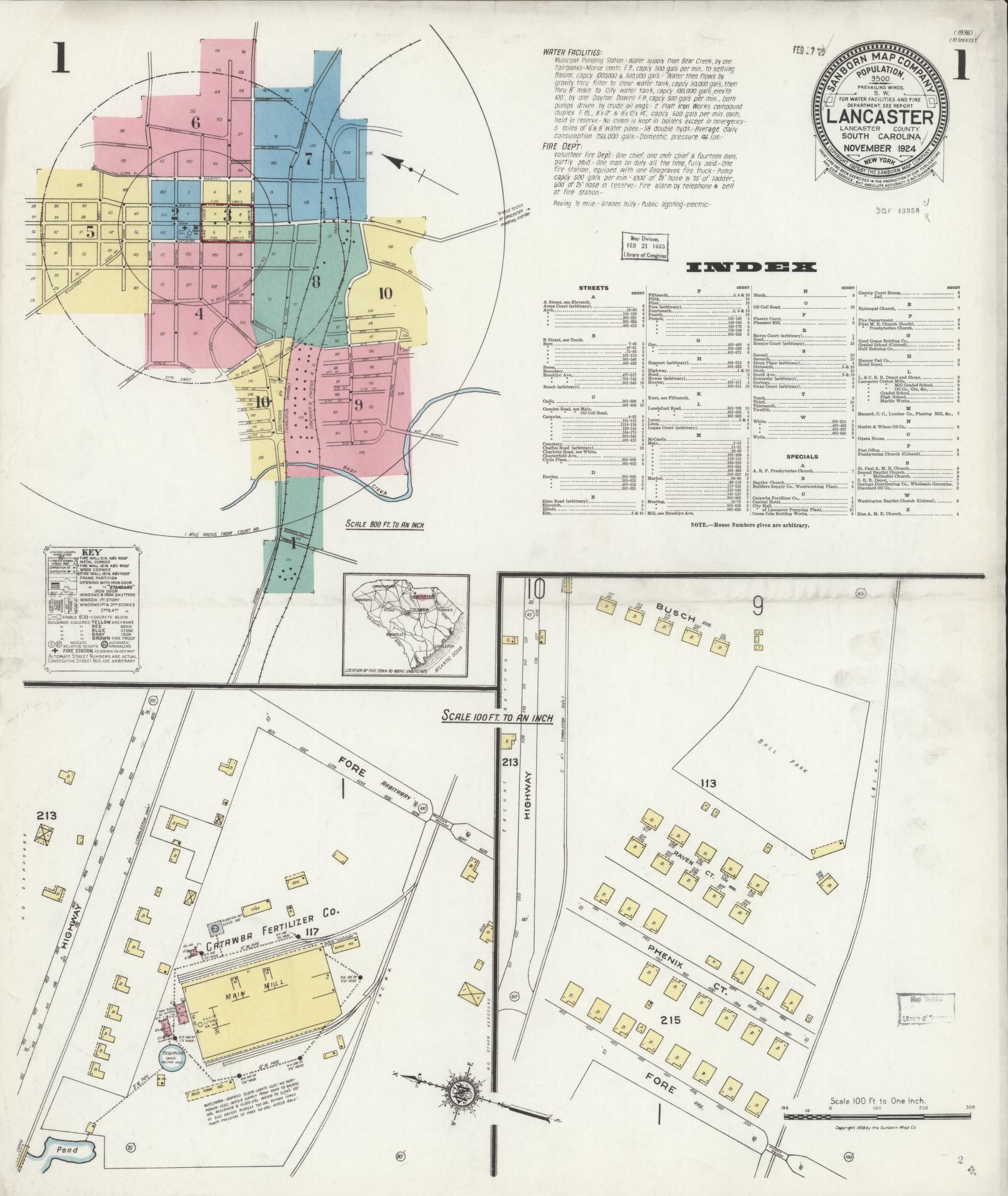 Sanborn Fire Insurance Map from Lancaster, Lancaster County, South Carolina (1924), Sheet #0001 - Complete Map Set gallery image, historic Sanborn map, vintage wall art, South Carolina South Carolina