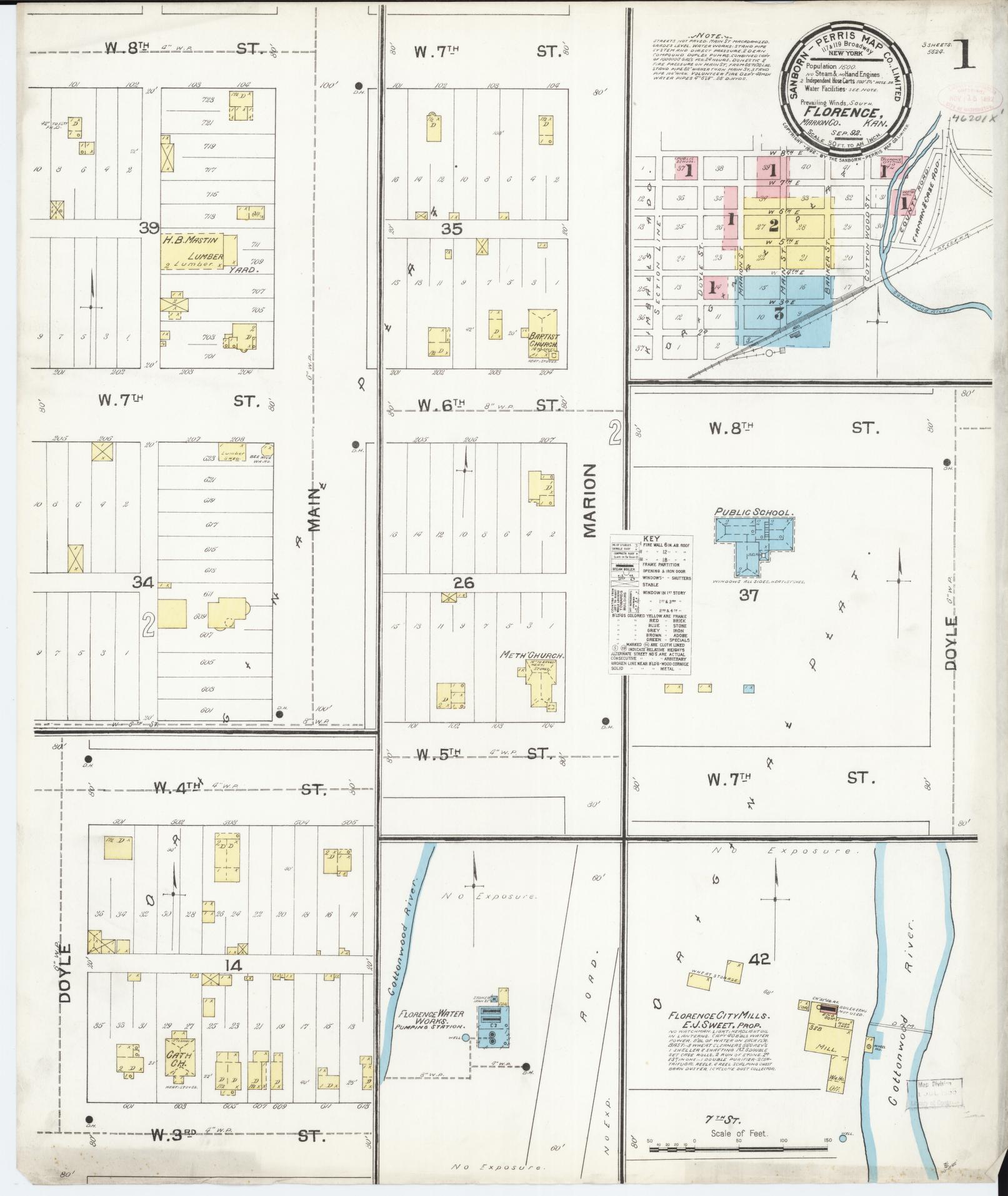 Sanborn Fire Insurance Map from Florence, Marion County, Kansas (1892), Sheet #0001 - Historic Sanborn Fire Insurance Map Print, vintage old map wall art, antique decor, genealogy gift, Kansas Kansas map