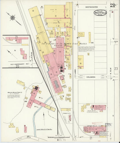 Sanborn Fire Insurance Map from Westfield, Hampden County, Massachusetts (1917), Sheet #0021 - Historic Sanborn Fire Insurance Map Print, vintage old map wall art, antique decor, genealogy gift, Massachusetts Massachusetts map