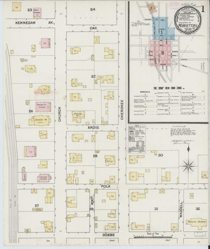 Sanborn Fire Insurance Map from Marietta, Cobb County, Georgia (1890), Sheet #0001 - Complete Map Set gallery image, historic Sanborn map, vintage wall art, Georgia Georgia
