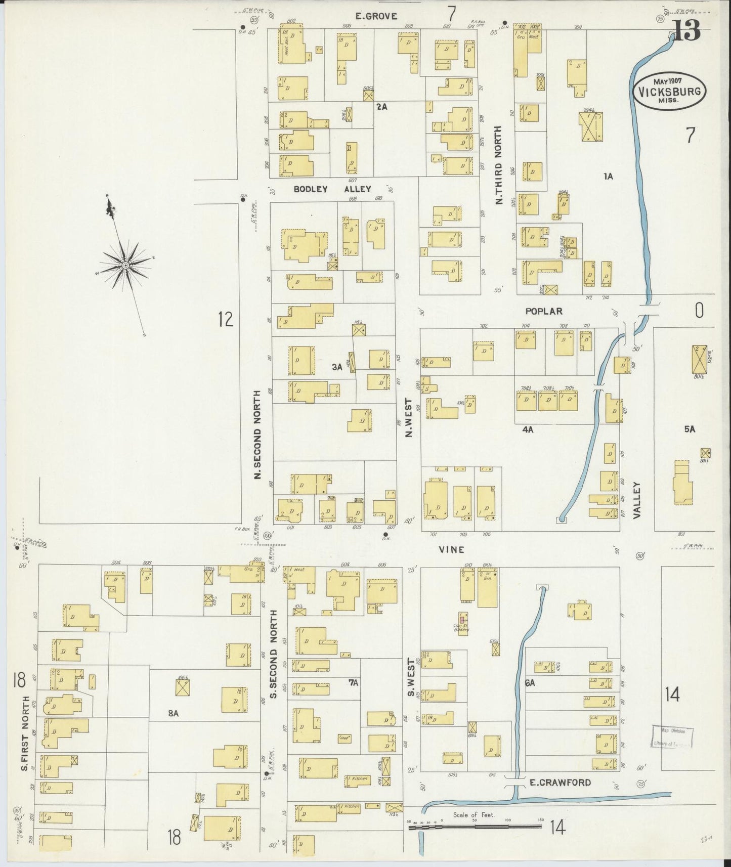 Sanborn Fire Insurance Map from Vicksburg, Warren County, Mississippi (1907), Sheet #0013 - Historic Sanborn Fire Insurance Map Print, vintage old map wall art, antique decor, genealogy gift, Mississippi Mississippi map