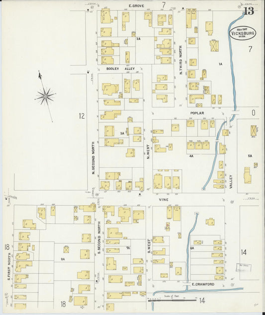 Sanborn Fire Insurance Map from Vicksburg, Warren County, Mississippi (1907), Sheet #0013 - Historic Sanborn Fire Insurance Map Print, vintage old map wall art, antique decor, genealogy gift, Mississippi Mississippi map