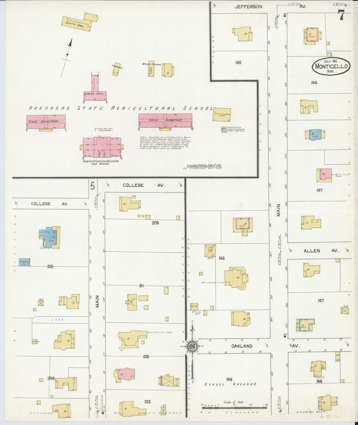 Sanborn Fire Insurance Map from Monticello, Drew County, Arkansas (1912), Sheet #0007 - Historic Sanborn Fire Insurance Map Print, vintage old map wall art, antique decor, genealogy gift, Arkansas Arkansas map