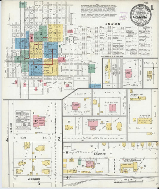Sanborn Fire Insurance Map from Litchfield, Montgomery County, Illinois (1905), Sheet #0001 - Historic Sanborn Fire Insurance Map Print, vintage old map wall art, antique decor, genealogy gift, Illinois Illinois map