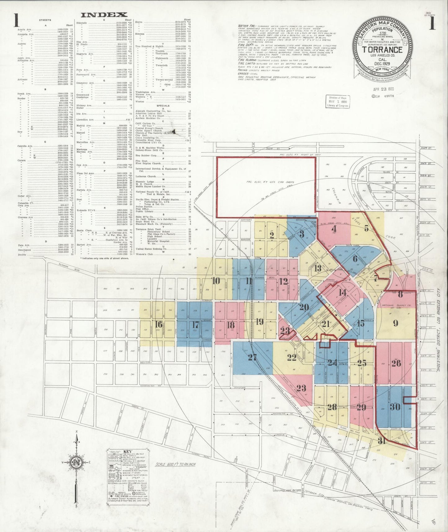 Sanborn Fire Insurance Map from Torrance, Los Angeles County, California (1929), Sheet #0001 - Complete Map Set gallery image, historic Sanborn map, vintage wall art, California California
