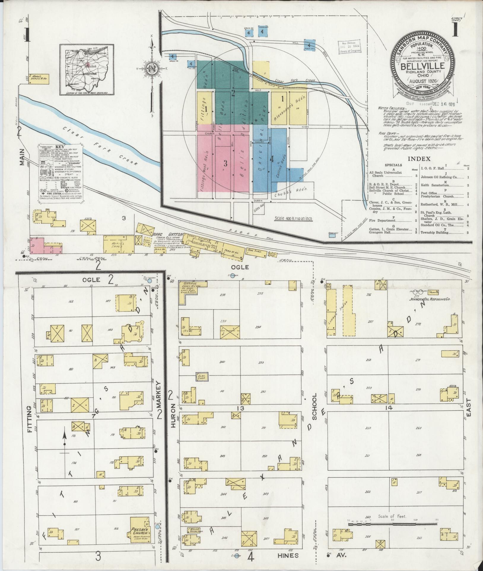 Sanborn Fire Insurance Map from Bellville, Richland County, Ohio (1926), Sheet #0001 - Historic Sanborn Fire Insurance Map Print, vintage old map wall art, antique decor, genealogy gift, Ohio Ohio map