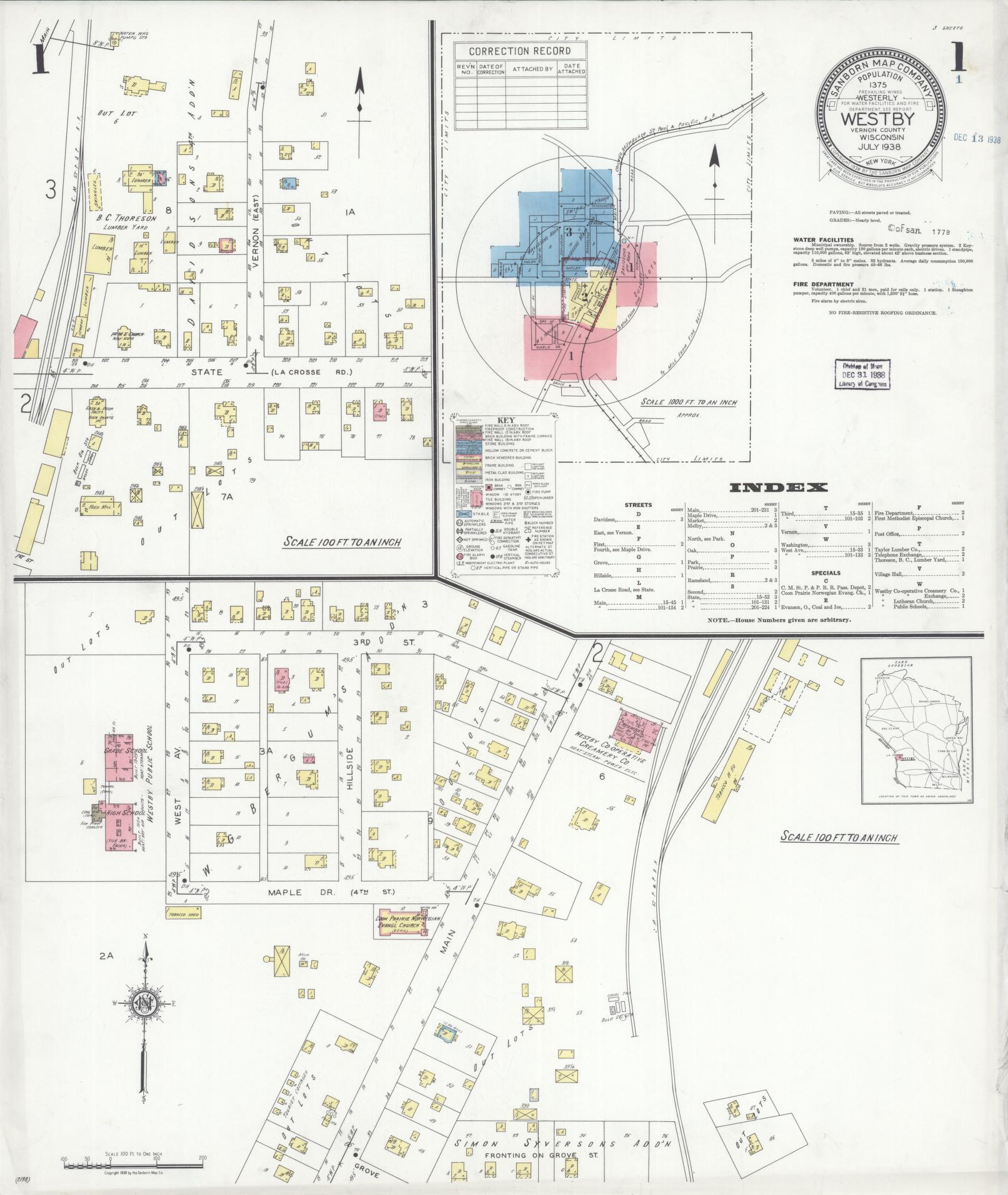 Sanborn Fire Insurance Map from Westby, Vernon County, Wisconsin (1938), Sheet #0001 - Historic Sanborn Fire Insurance Map Print, vintage old map wall art, antique decor, genealogy gift, Wisconsin Wisconsin map