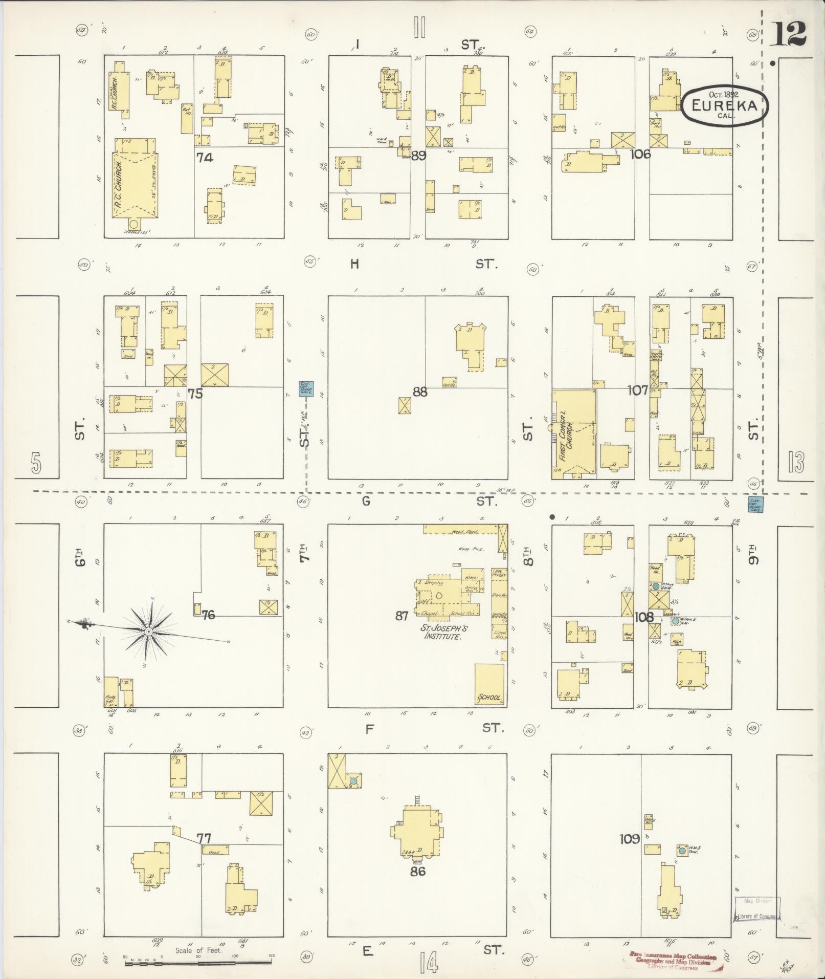 Sanborn Fire Insurance Map from Eureka, Humboldt County, California (1892), Sheet #0012 - Historic Sanborn Fire Insurance Map Print, vintage old map wall art, antique decor, genealogy gift, California California map