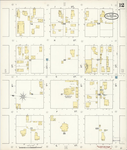 Sanborn Fire Insurance Map from Eureka, Humboldt County, California (1892), Sheet #0012 - Historic Sanborn Fire Insurance Map Print, vintage old map wall art, antique decor, genealogy gift, California California map