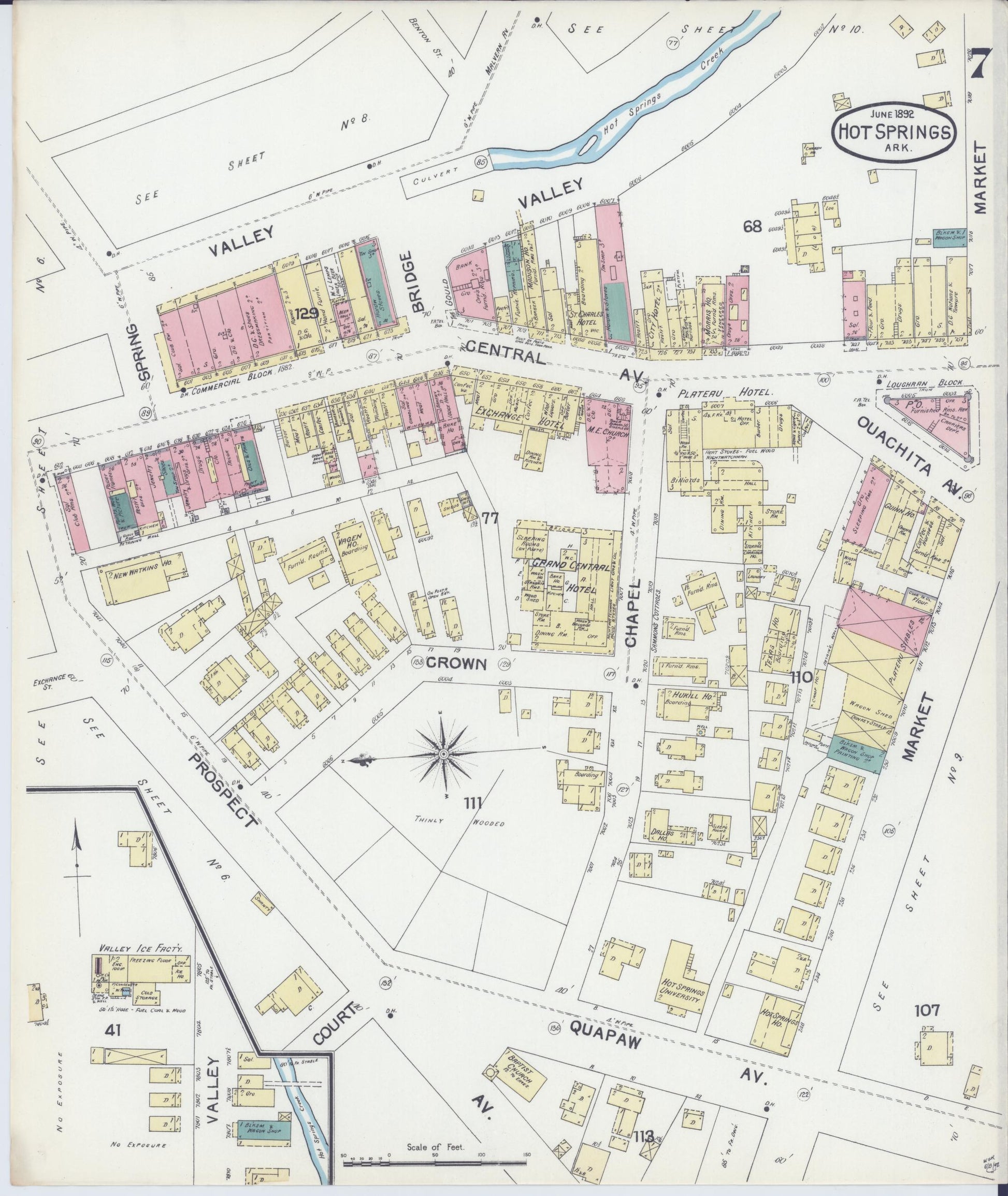 Sanborn Fire Insurance Map from Hot Springs, Garland County, Arkansas (1892), Sheet #0007 - Complete Map Set gallery image, historic Sanborn map, vintage wall art, Arkansas Arkansas