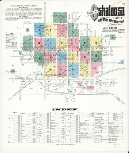 Sanborn Fire Insurance Map from Oskaloosa, Mahaska County, Iowa (1910), Sheet #0001 - Historic Sanborn Fire Insurance Map Print, vintage old map wall art