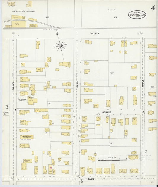 Sanborn Fire Insurance Map from Bennington, Bennington County, Vermont (1906), Sheet #0004 - Historic Sanborn Fire Insurance Map Print, vintage old map wall art, antique decor, genealogy gift, Vermont Vermont map