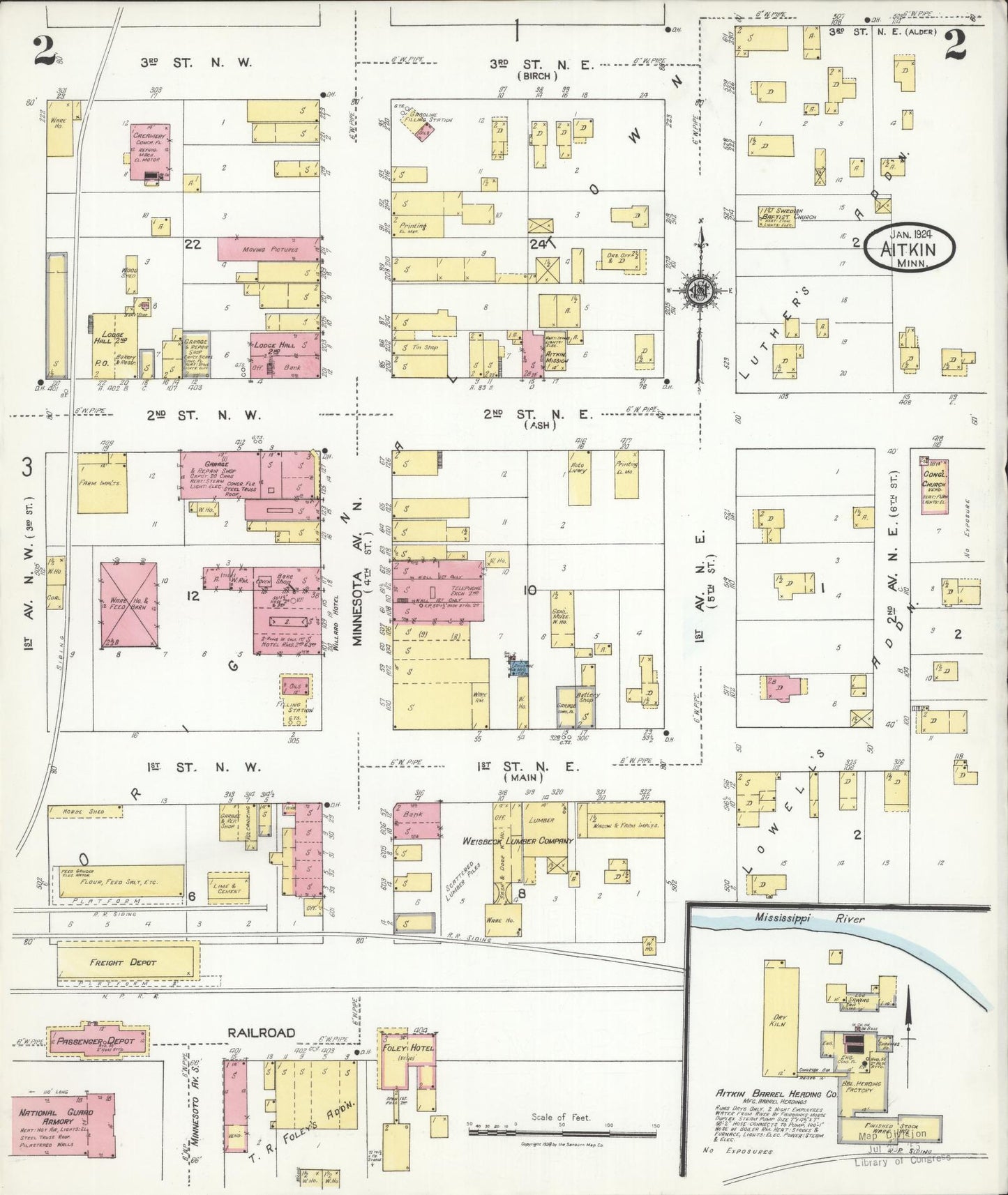Sanborn Fire Insurance Map from Aitkin, Aitkin County, Minnesota (1924), Sheet #0002 - Complete Map Set gallery image, historic Sanborn map, vintage wall art, Minnesota Minnesota