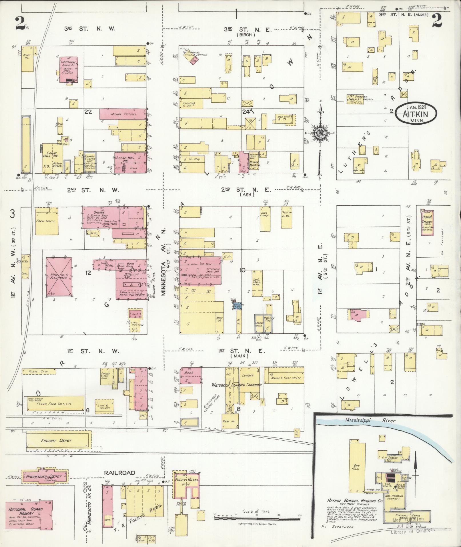 Sanborn Fire Insurance Map from Aitkin, Aitkin County, Minnesota (1924), Sheet #0002 - Complete Map Set gallery image, historic Sanborn map, vintage wall art, Minnesota Minnesota
