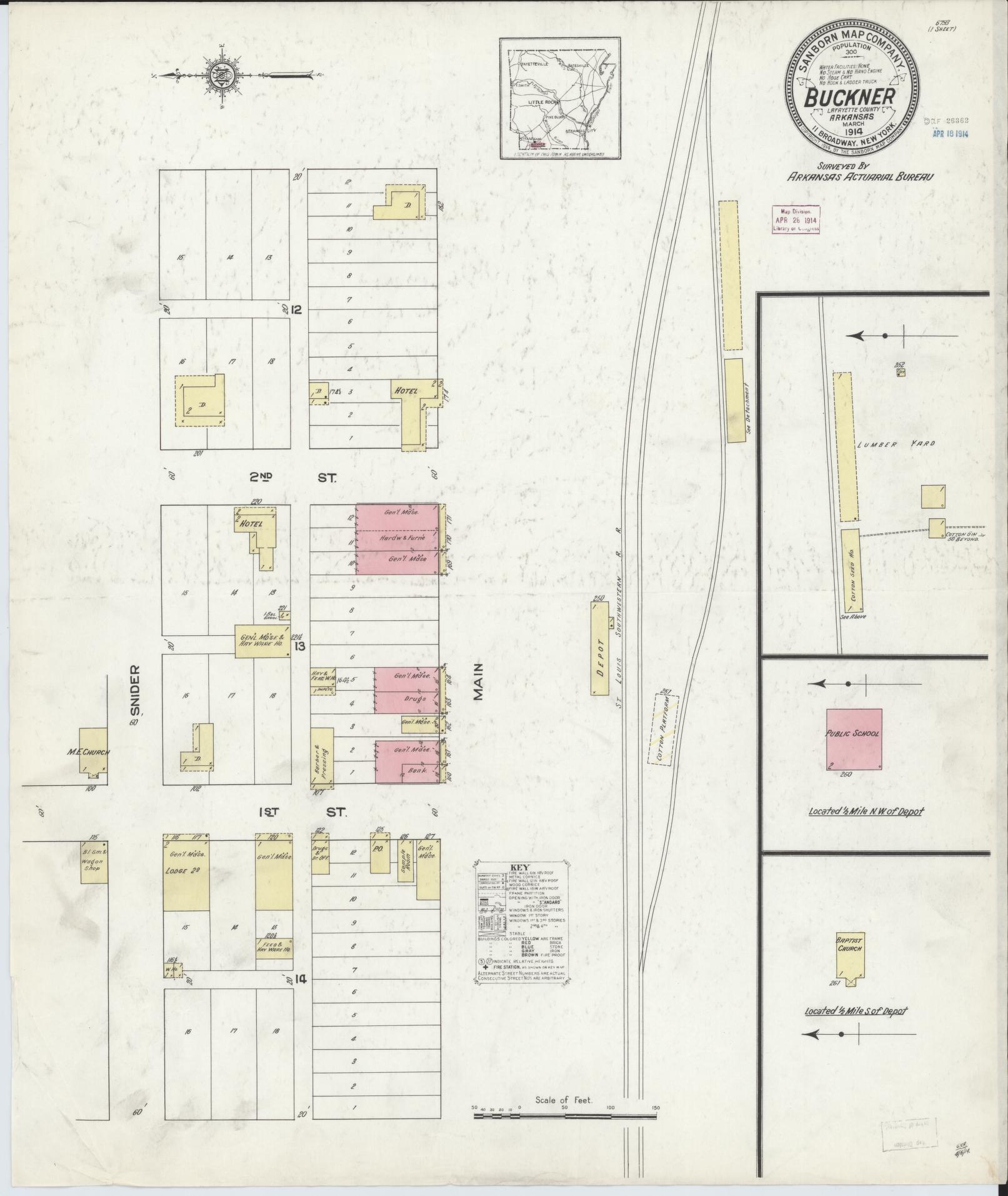 Sanborn Fire Insurance Map from Buckner, Lafayette County, Arkansas (1914), Sheet #0001 - Historic Sanborn Fire Insurance Map Print, vintage old map wall art, antique decor, genealogy gift, Arkansas Arkansas map