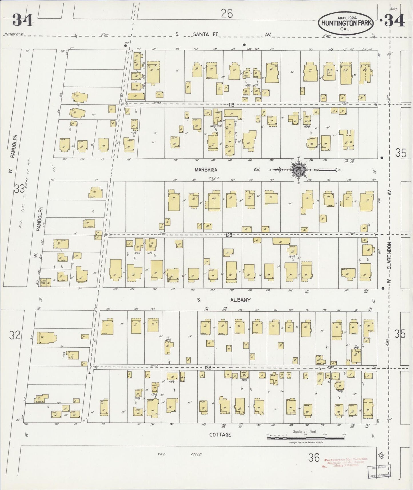 Sanborn Fire Insurance Map from Huntington Park, Los Angeles County, California (1924), Sheet #0034 - Historic Sanborn Fire Insurance Map Print, vintage old map wall art, antique decor, genealogy gift, California California map